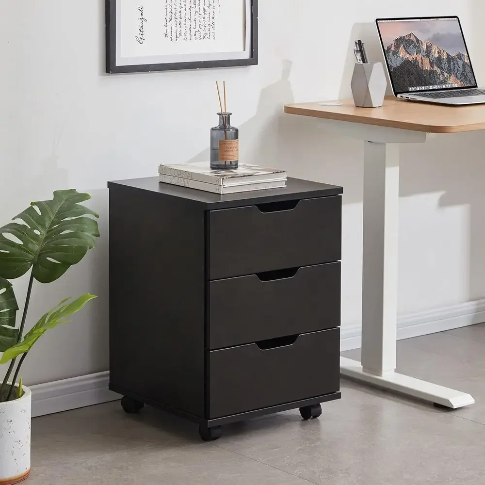 Mobile Wood File Cabinet with Casters for Desk or Home Office, Fully Assembled, Black