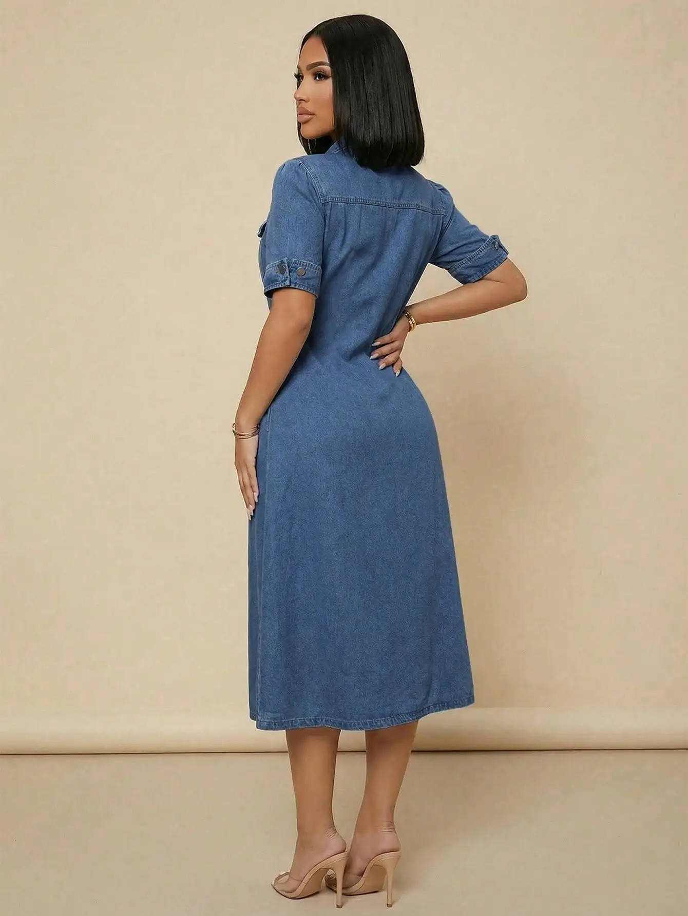 Women's Denim Midi Shirt Dress With Button Front Chest Pockets Retro Casual Outdoor