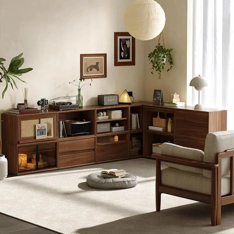 Black Walnut Bookcase, Low Cabinet, Floor-to-ceiling Bookcase, Solid Wood Lattice Combination Bookcase Module, Side Cabinet, TV
