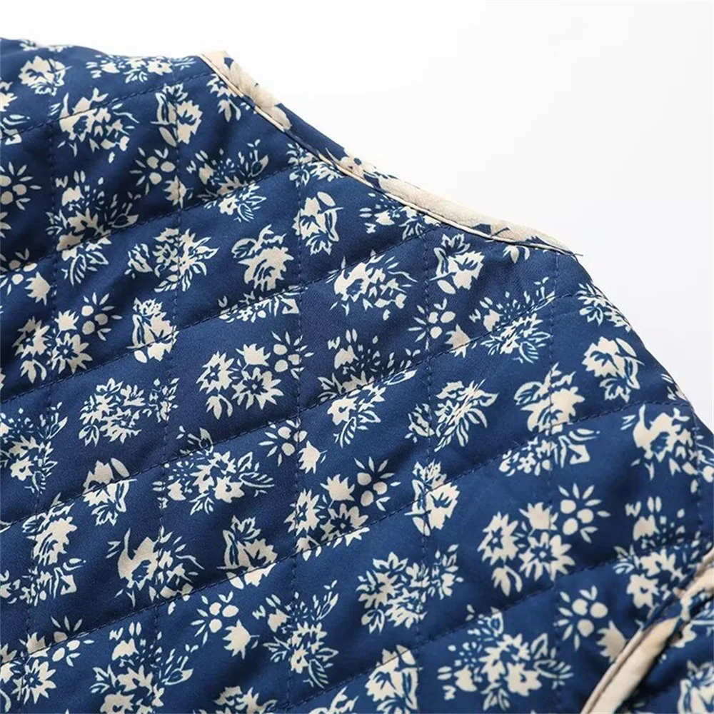 여성용 경량 프린트 코튼 재킷 겨울 신상품 싱글 브레스티드 포켓 장식 라운드 넥 코트