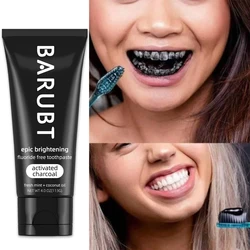 BARUBT activated carbon fluorine-free whitening toothpaste contains fresh mint and coconut oil to help remove dental spots