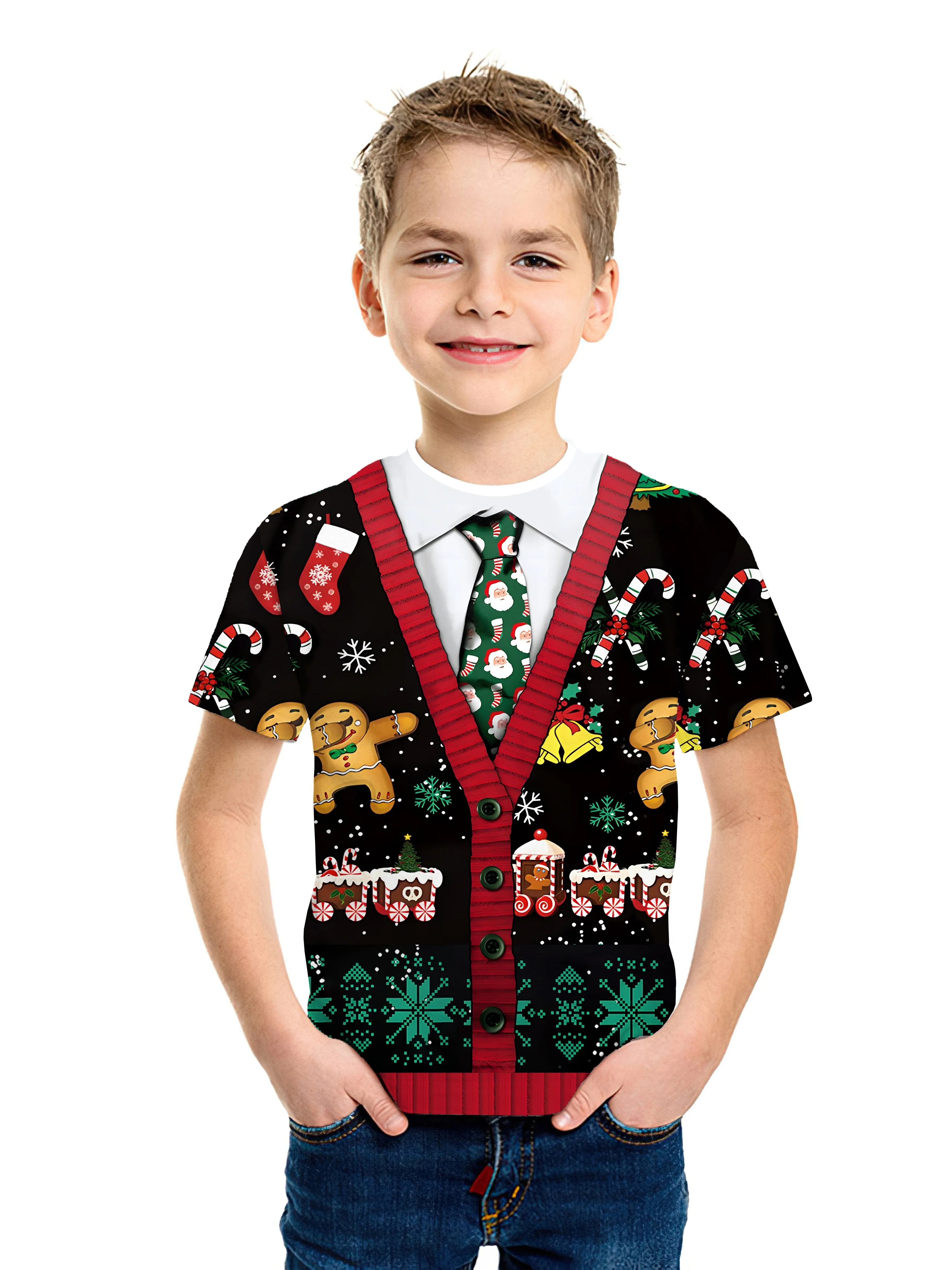 子供のクリスマス Tシャツ 3D プリントおかしいトップスフェスティバル半袖ベビー服 2-10y クリスマスギフト男の子女の子服