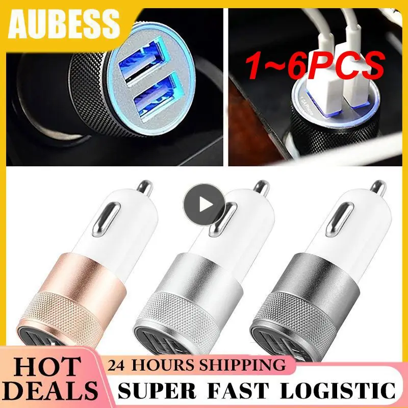 1~6PCS Mini Dual USB Car Charger Aluminium Alloy Dual-Port Car Charger Rapid-Charge Durable For IPad Smart Mobile Cell Phone