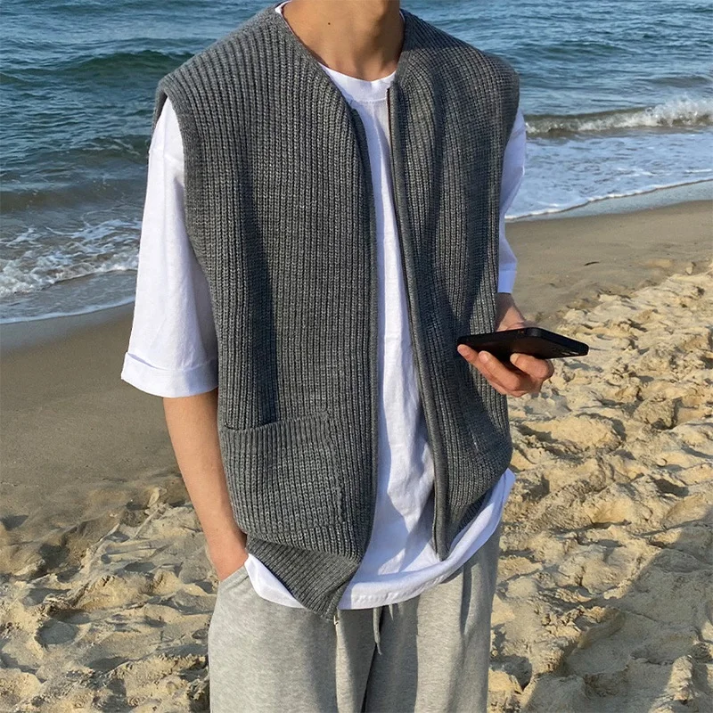 Autumn New Men's Knitted Sweater Vest Loose Japanese Style Fashion Individual College Style Shoulder Zipper Open Cardigan Vest