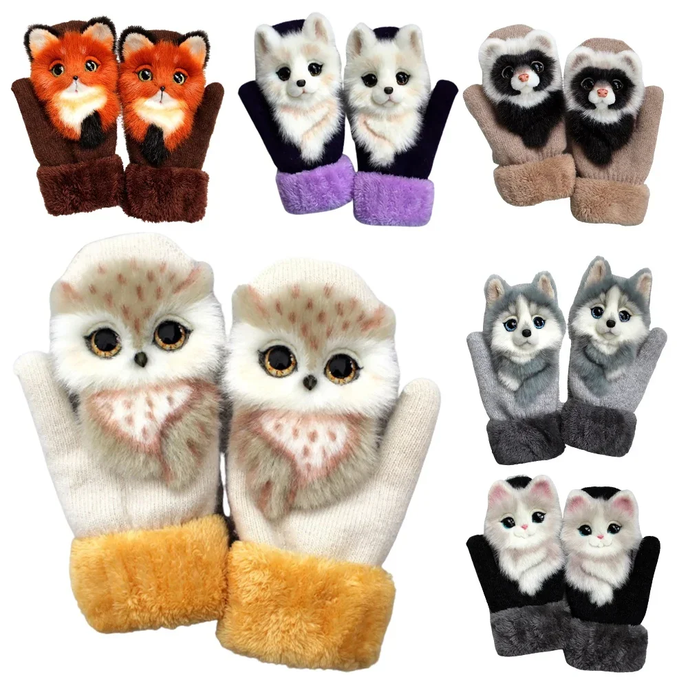 1pair Thick Warm Kids Gloves Winter Finger Mittens Cute Cartoon Girls  Hairy   Children  Christmas Gifts