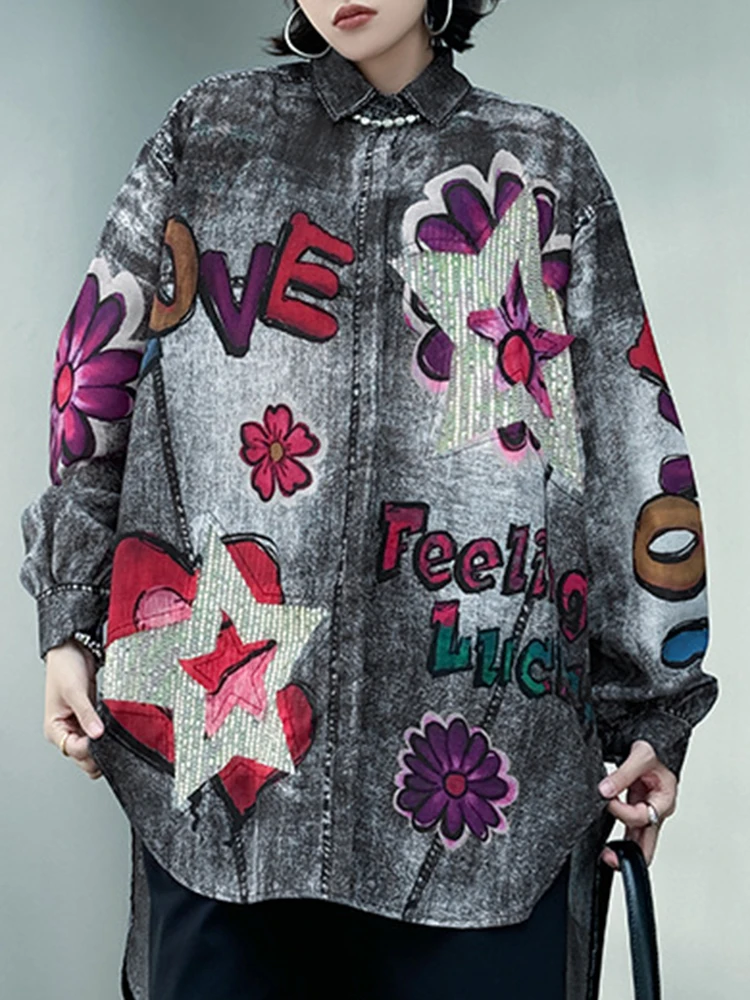 YERMORA Blue Tie-dye Printing Splice Sequins Big Sie Blouse For Women Lapel Long Sleeve Loose New Shirt Spring Summer 2025