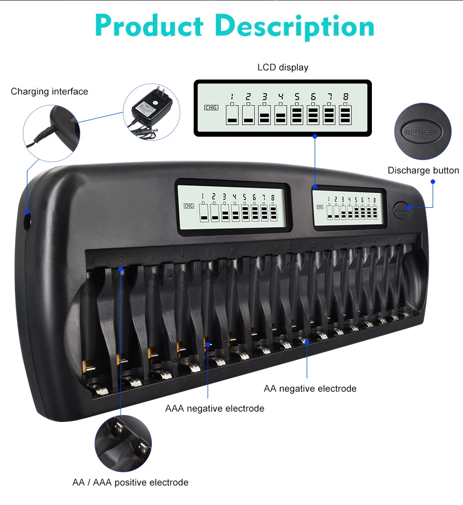 

PALO 16 Slots LCD Smart Battery Charger AA AAA Ni-MH Ni-Cd 16 bay Batteries 16 Bank Rechargeable Batteries Smart LCD Display