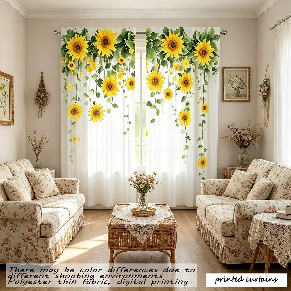 Rideaux Transparents 2D Effet Aquarelle Tournesol, Lot de 2 Pièces, Lavables en Machine, en Polyester, Style à Tringle, Idéaux pour Salon