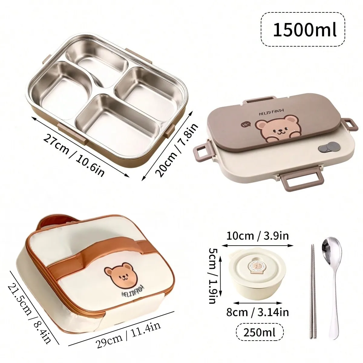 1500ML 4/5-delige draagbare capibara lunchbox van 304 roestvrij staal met kom & bestek, voor studenten en kinderen, magnetronbestendig