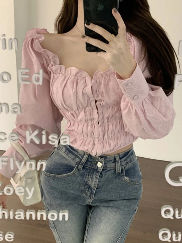 Shirts Women Elegant Attractive Leisure Streetwear Holiday Popular Sexy Date Solid Design Slash Neck Ulzzang Folds Daily Fashion