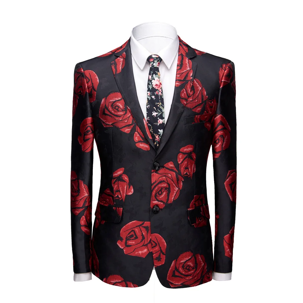 

KIDWHXR Men Blazer Fashion Flower Printed Single-breasted Male Outerwear Turn Down Collar Long Sleeve Slim Man Suit Coat