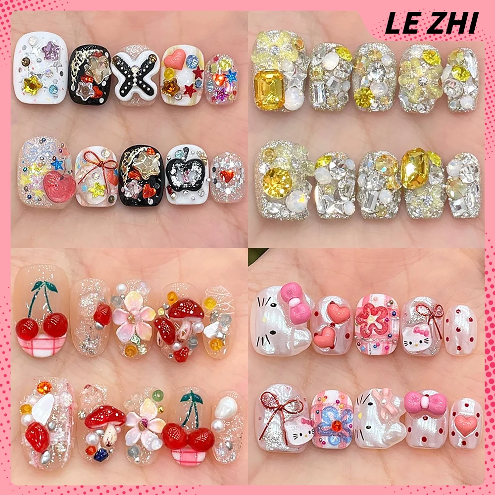 

Luxury 3D Glitter Diamond Short Square Round Fake Nails Hello Kitty Flower Cherry Pearl Bow Handwork Full Cover Nail Girl Gift