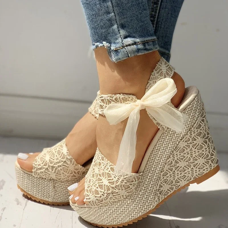 INS Hot Lace Leisure Women Wedges Heeled Women Shoes 2024 Summer Sandals Party Platform High Heels Shoes Woman