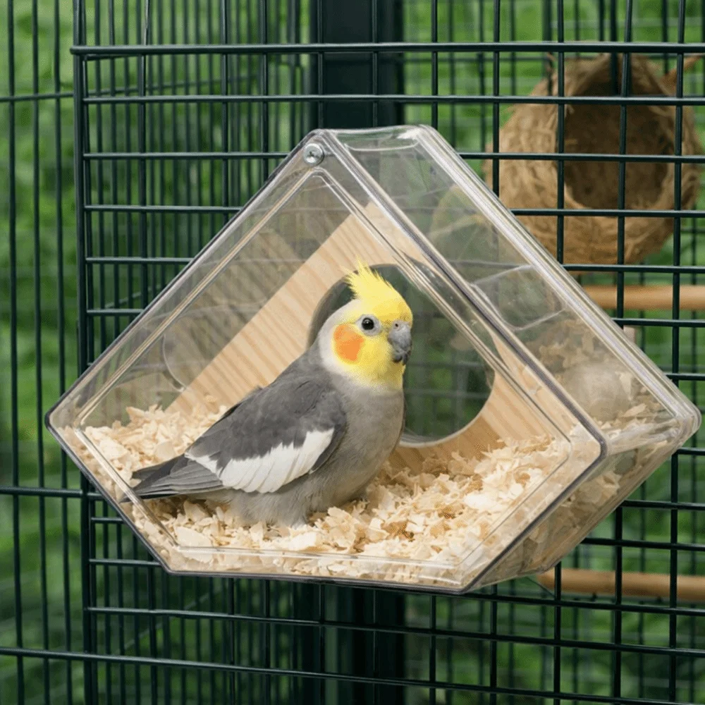 

Transparent Parakeet Nesting Box Visible Odor Resistant Bird Breeding Box with Perch Breathable Bird Cage House