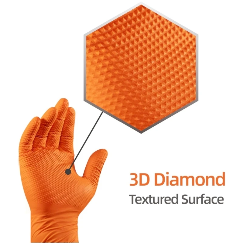 8Mil 헤비 듀티 오렌지 니트릴 장갑 일회용 다이아몬드 질감 그립 산업용 작업 장갑 정비공 안전 장갑 라텍스 프리