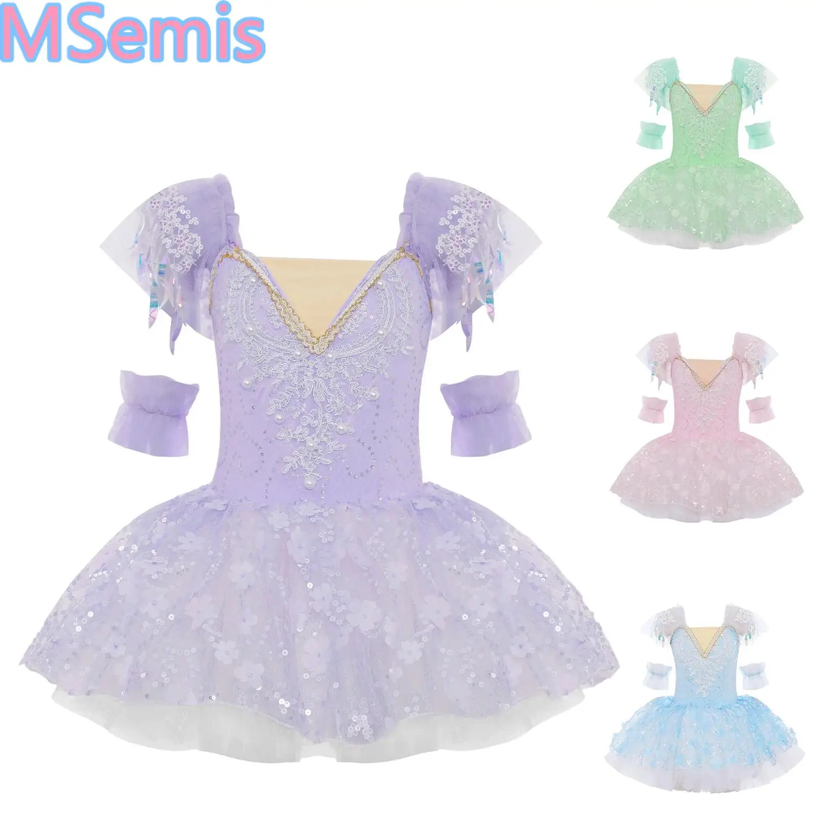 

Girls Ballet Dance Dress Ruffle Sleeves Bodice Sequin Floral Layer Ballerina Tulle Tutu Dress And Cuff Fairy Princess Party Dres