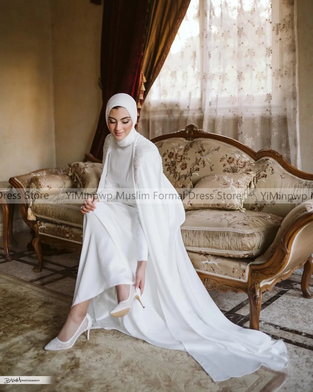 Modest Muslim White Wedding Dresses with Cape Long Sleeve Mermaid Pearls Beading Hijab Bride Bridal Gowns Customized