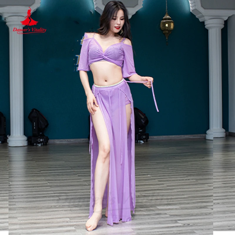 Belly Dance Suit Women Exotic Dancewear Oriental Short Sleeves Top+spalit Skirt 2pcs Training Costumes Adult Bellydance Outfit