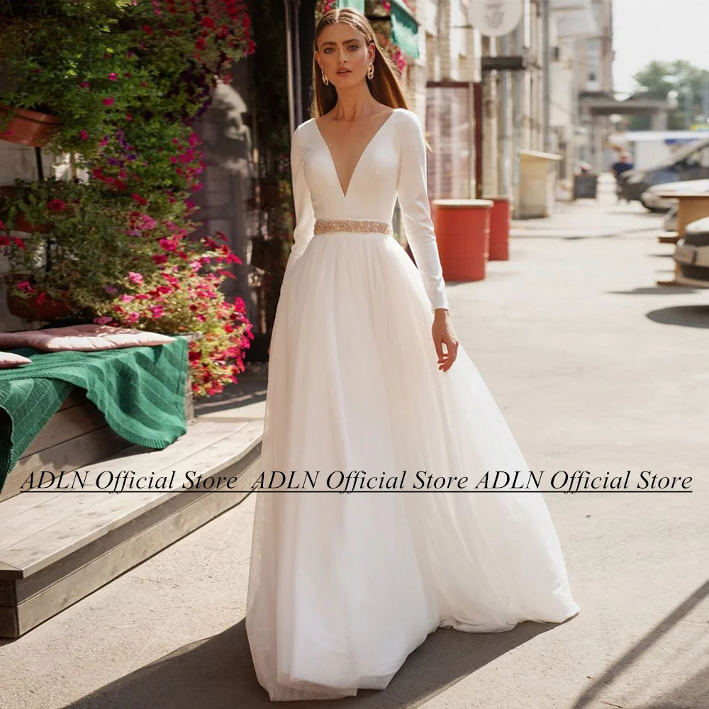 

ADLN Wedding Dress Customized Size Elegant Long Sleeves V Neck Illusion Back Buttons Beading Belt A Line Bridal Gown for Bride