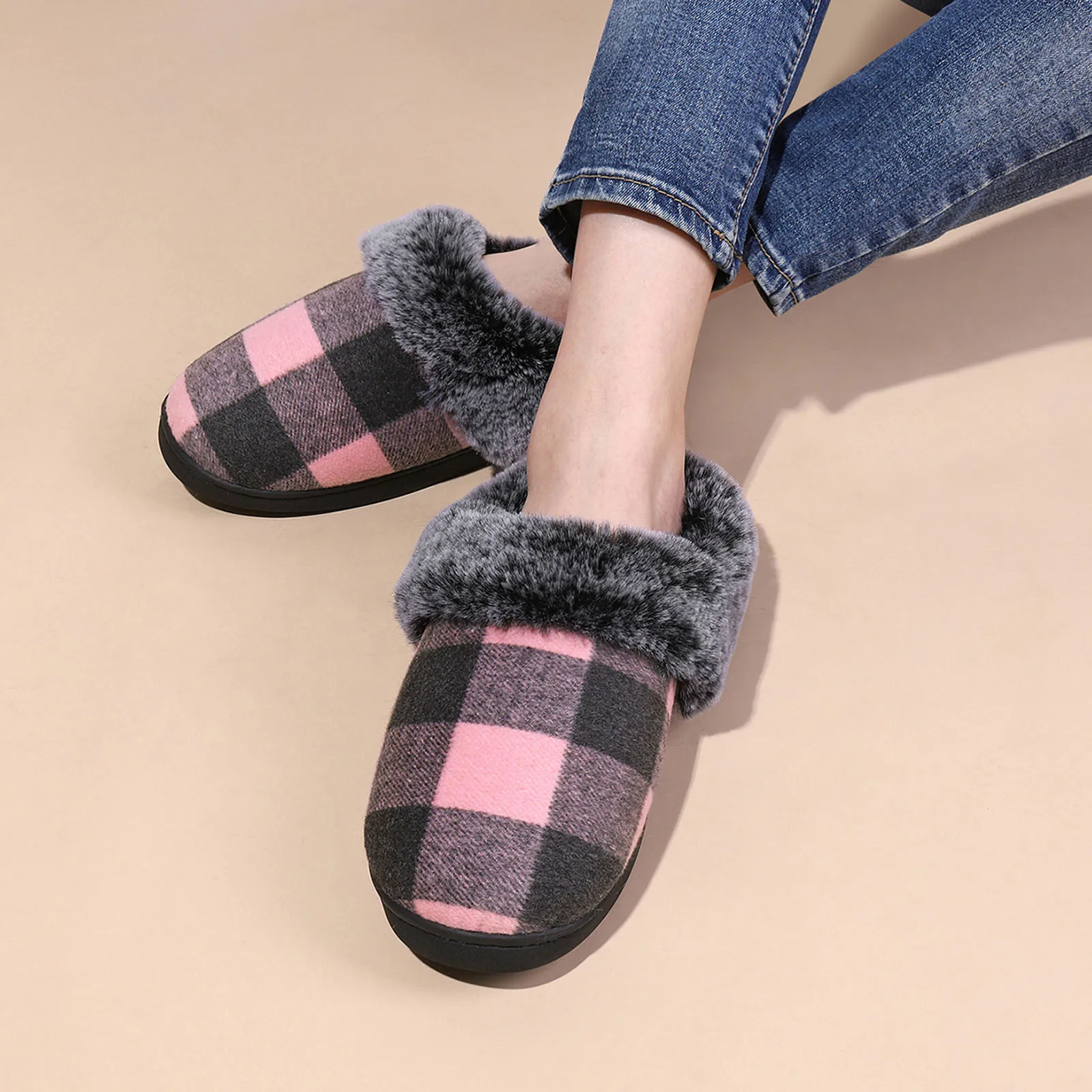 Women Indoor Lattice Wool Cotton Slippers Comfortable Warm Fleece Cotton Slippers Winter Non-slip Thickened Home Cotton Slippers