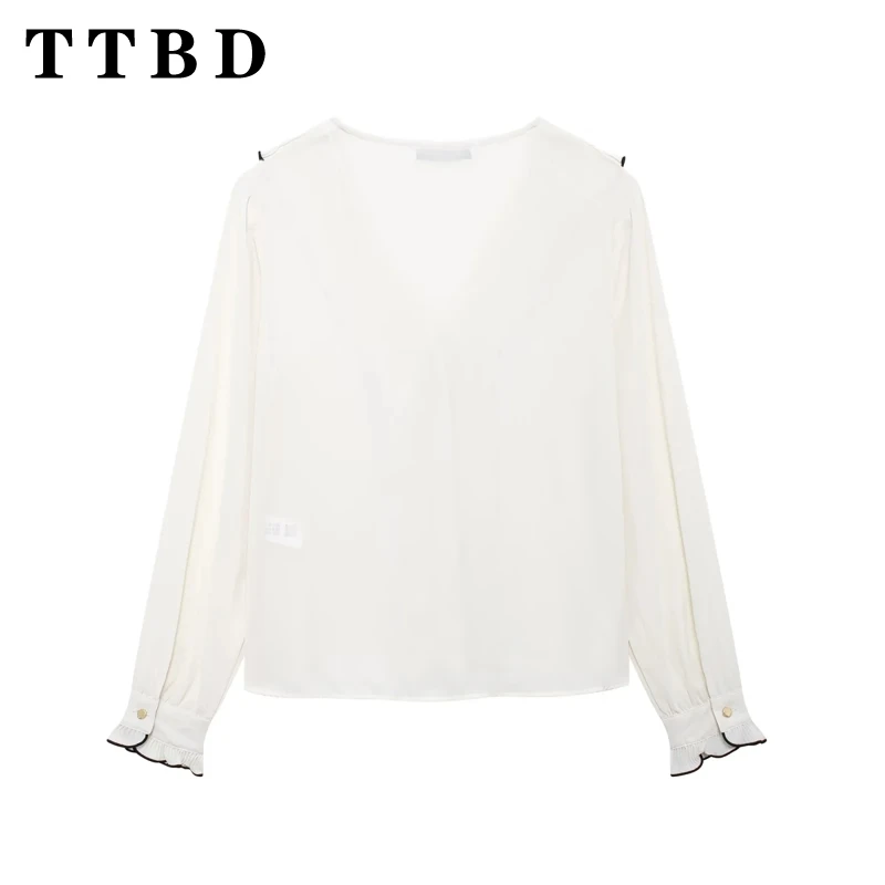 TTBD 2024 New Autumn Woman\'s Casual Single-breasted Long Sleeve Ruffles Shirt Top Female Fashion V-Collar Solid Color Coat