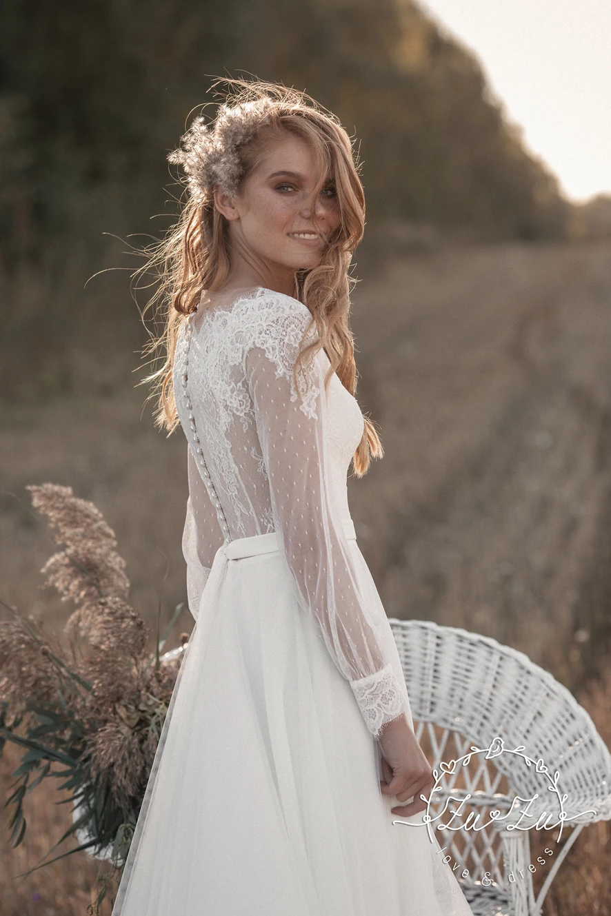 Robe De mariée Vintage en dentelle, col rond, manches longues, ligne A, en Tulle, boutons au dos, avec traîne, personnalisable, 2022