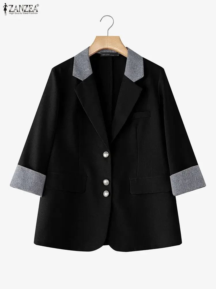 Mulheres elegantes blazer jaquetas zanzea 2025 outono retalhos blazer outwear elegante casual lapela pescoço manga longa casacos de trabalho de escritório
