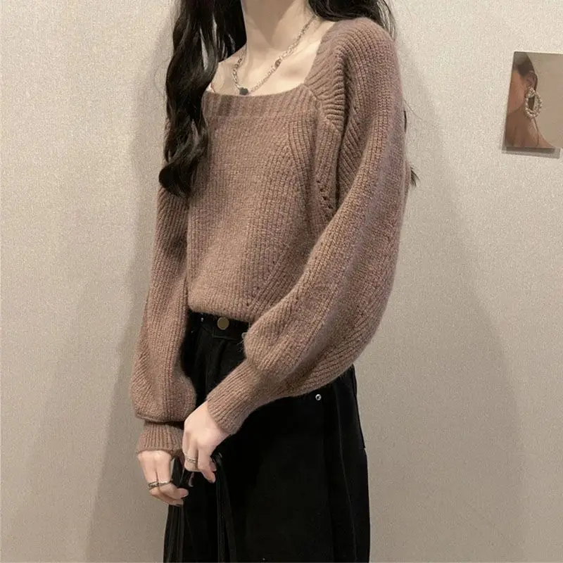 Sweter rajut lengan lentera dasar wanita, pakaian jumper longgar Chic Korea kerah kotak elegan musim gugur musim dingin warna polos