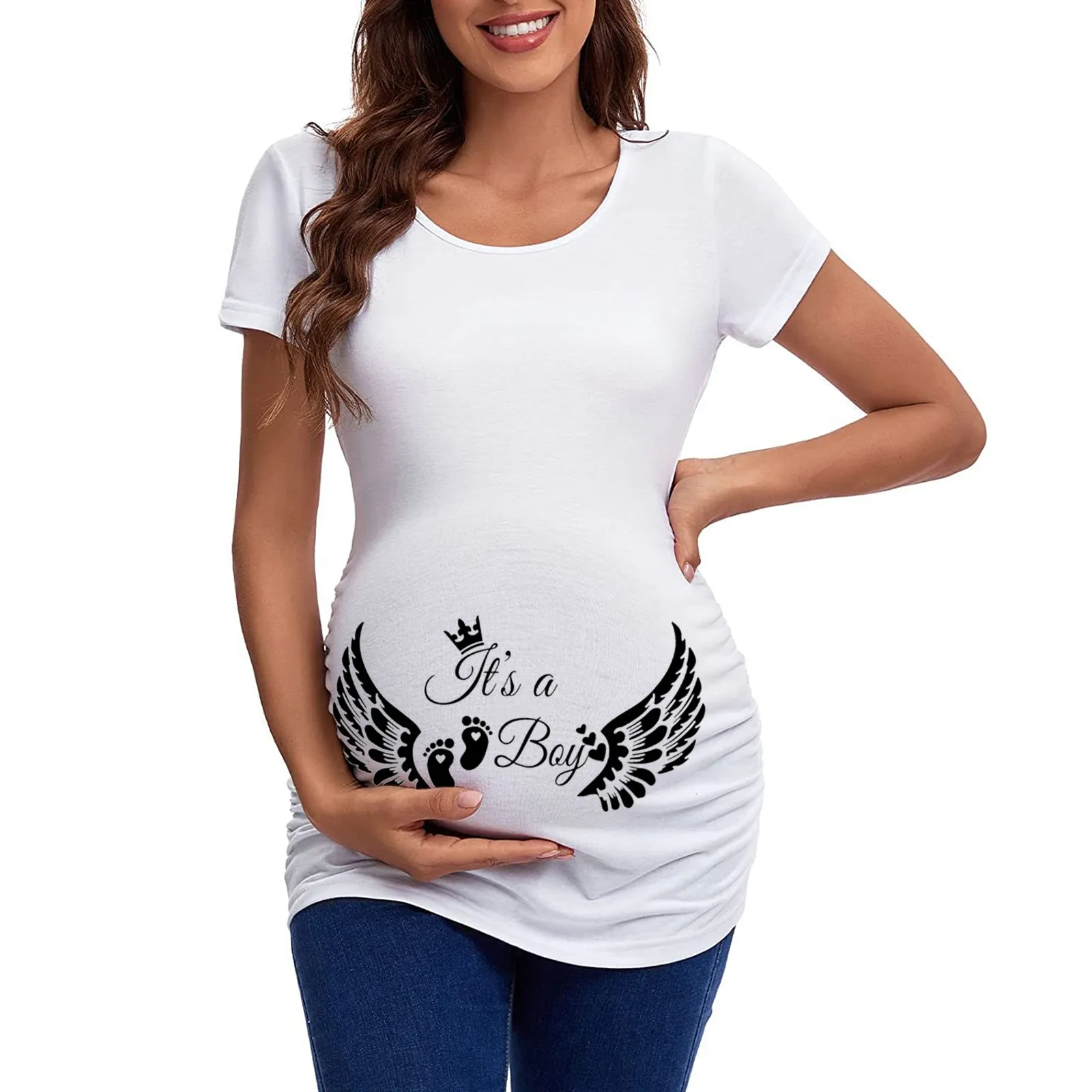 Women Fashion T Shirt Maternity Short Sleeve Crew Neck Cute Letter Printed Tops Pregnancy Casual Tees Tunic Blouse تي شيرتات