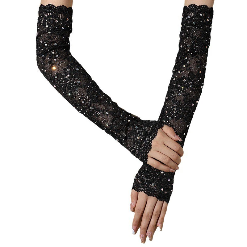 Sexy Shining Flash Drilling Mesh Thin Elastic Lace Long Gloves Cosplay Nightclub Fingerless Sleeves Woman\'s Stage Performance