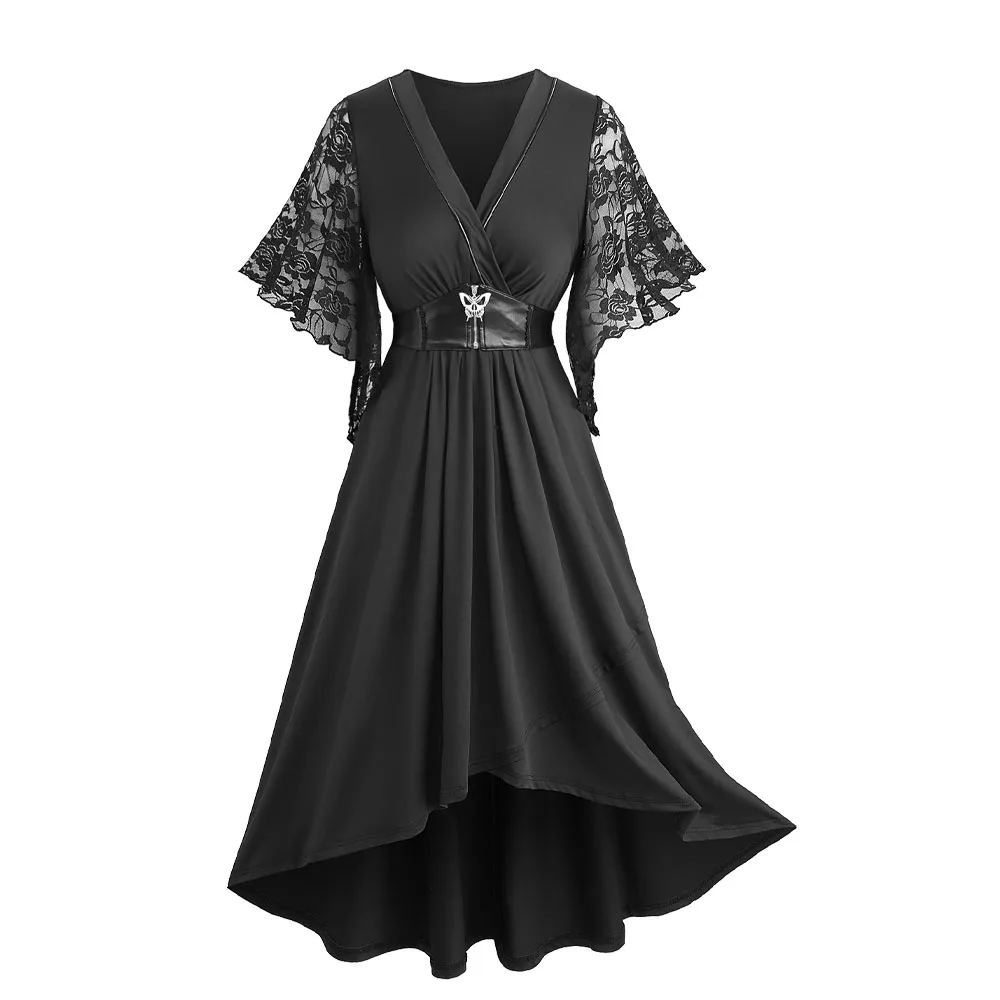 

ROSEGAL Plus Size Flower Lace High Low Dress With Butterfly Zipper Belt Women Spring Summer Black Corset Party Dress Vestidos 5X