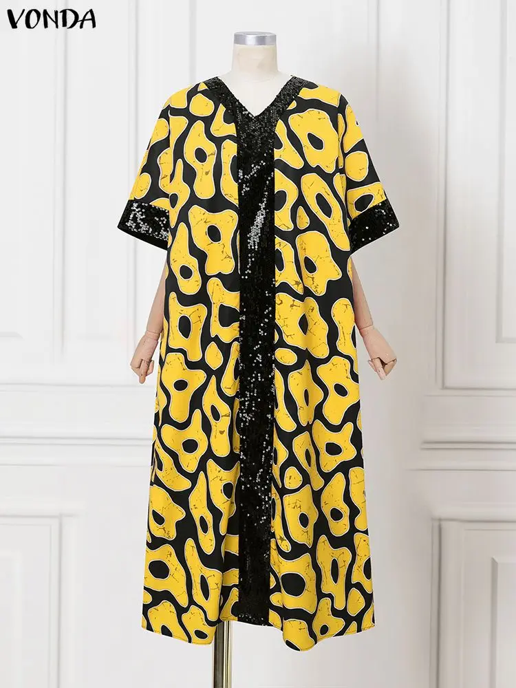 

VONDA Plus Size 5XL Women Bohemian Maxi Dress Elegant V-Neck Sequin Splicing Long Sundress Vintage Print Casual Fashion Robe