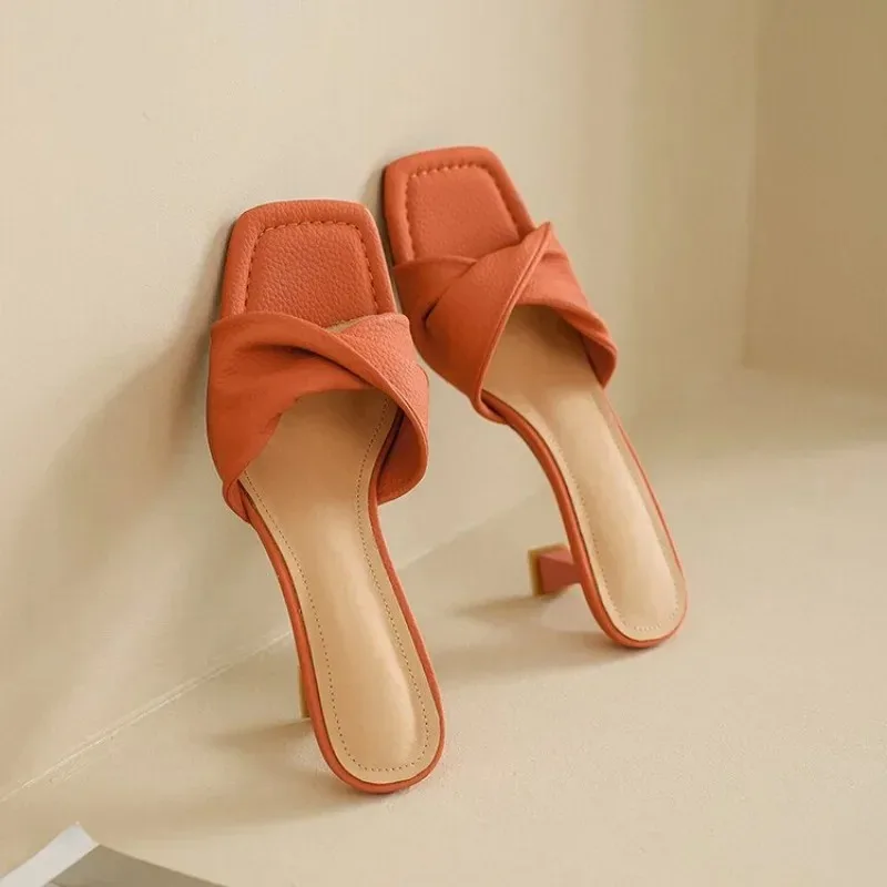 Summer Thin Heel Slippers Women 2023 Fashion Pleated Square Toe Green Orange Women Sandals Casual Elegant Ladies Dress Shoes