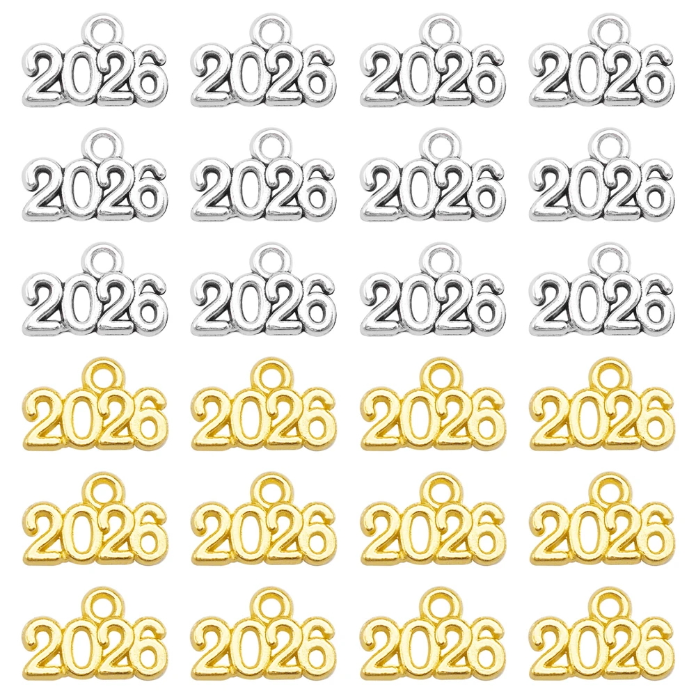 100pcs Gold&Silver Color Number 2026 Charm New Year Pendant Fashion Necklace Earring Bracelet Accessories Jewelry Making 14*9mm