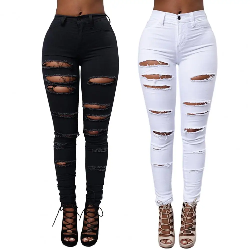 

Cotton Blend Women Jeans Ripped Holes High Tight Waist Punk Slim Soft Stretchy Casual Ankle Length Denim Pants Jeans