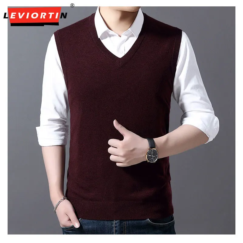 

Spring and Autumn Men's V-neck Knitted Sweater Sleeveless Pullover Knitted Tank Top Solid Loose Fit Full Set Sweater Top