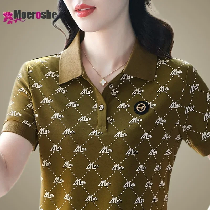 Printed Lapel Golf T-shirt Turn Down Collar Woman Polo Neck Ladies Sports Short Sleeve Elegant Blouses 2024 Women's T-shirts