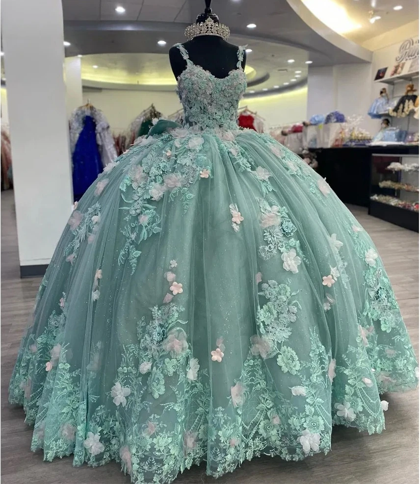 

Mint Green Princess Quinceanera Dresses Ball Gown Spaghetti Straps Appliques Sweet 16 Dresses 15 Años Mexican