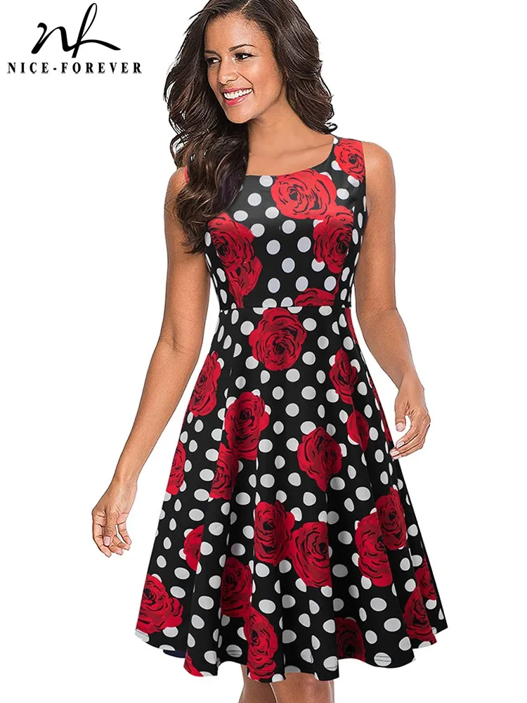 Nice-forever Summer Women Polka Dots with Floral Retro Sun Dresses Party Pinup Flare A-line Dress btyA063