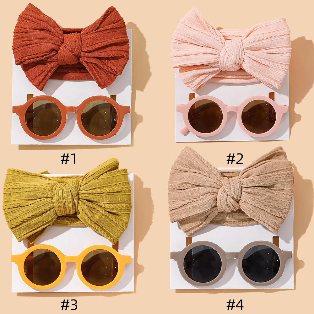 Bandeau pour nouveau-né fille, tricot élastique avec lunettes de soleil, Turban doux pour enfants, accessoires pour cheveux, 2/3 pièces/ensemble