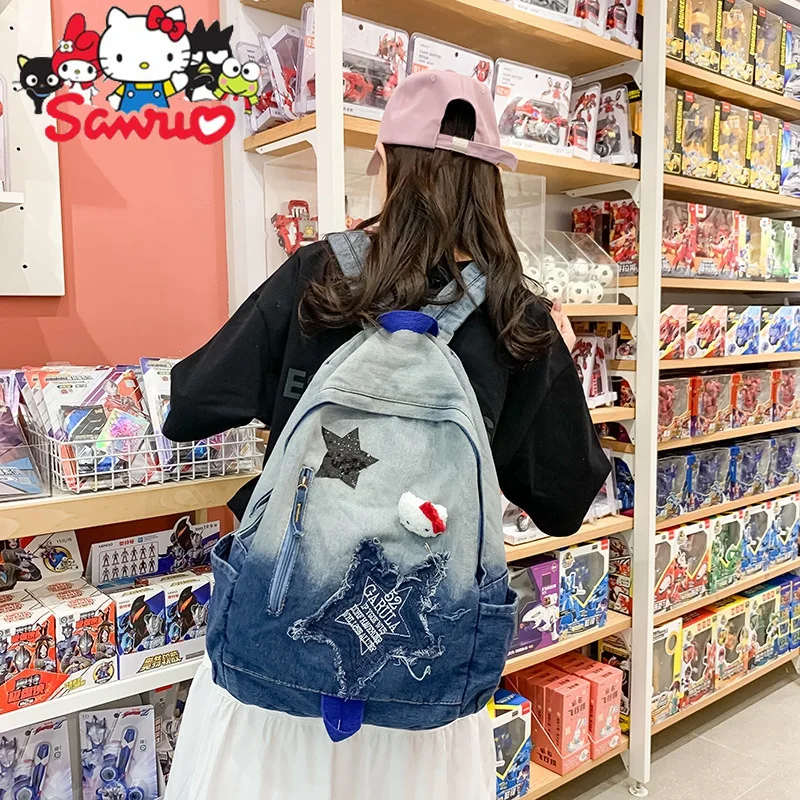 Sanrio  Hello Kitty Melody Cinnamoroll Pochacco Denim Color-block Backpack Versatile School Bag for College Students 29x14x46cm