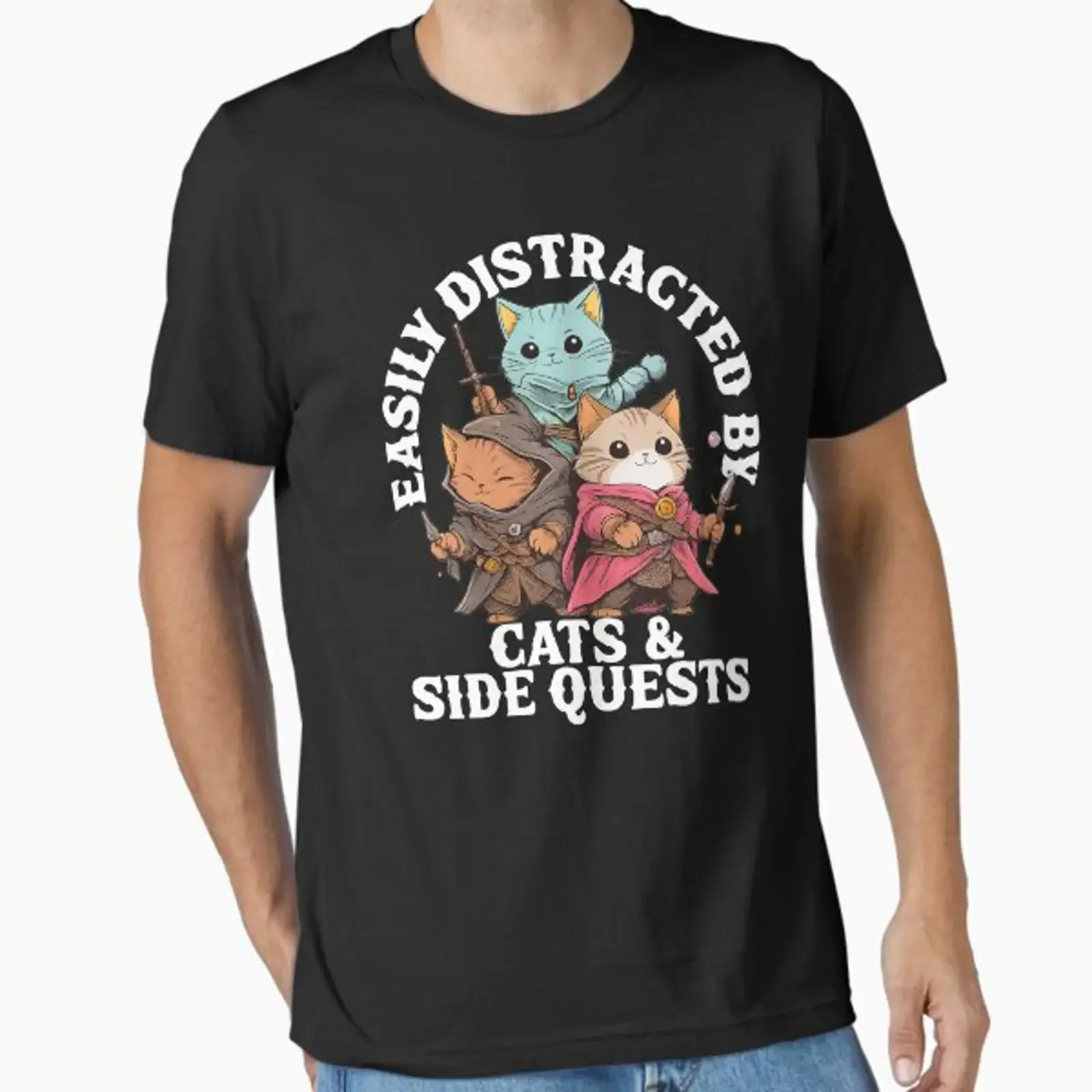Leicht von Katzen und Seitenmissionen abgelenkt, Essential T-Shirt, Vintage-Waschung, vielseitige Designerkleidung, Unisex-Mode