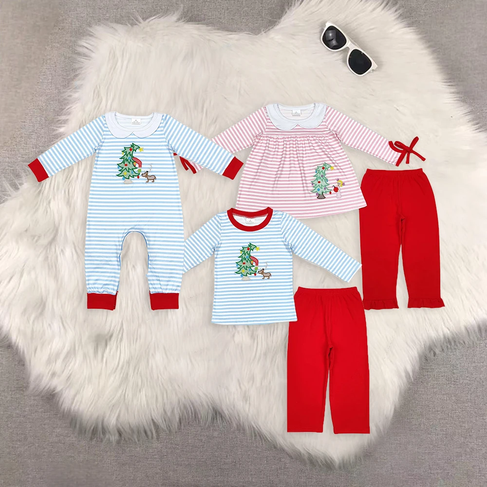 

GLP1677 Wholesale baby girl clothes Embroidered Christmas tree pink striped pants sets Summer Boutique kids clothes boys sets