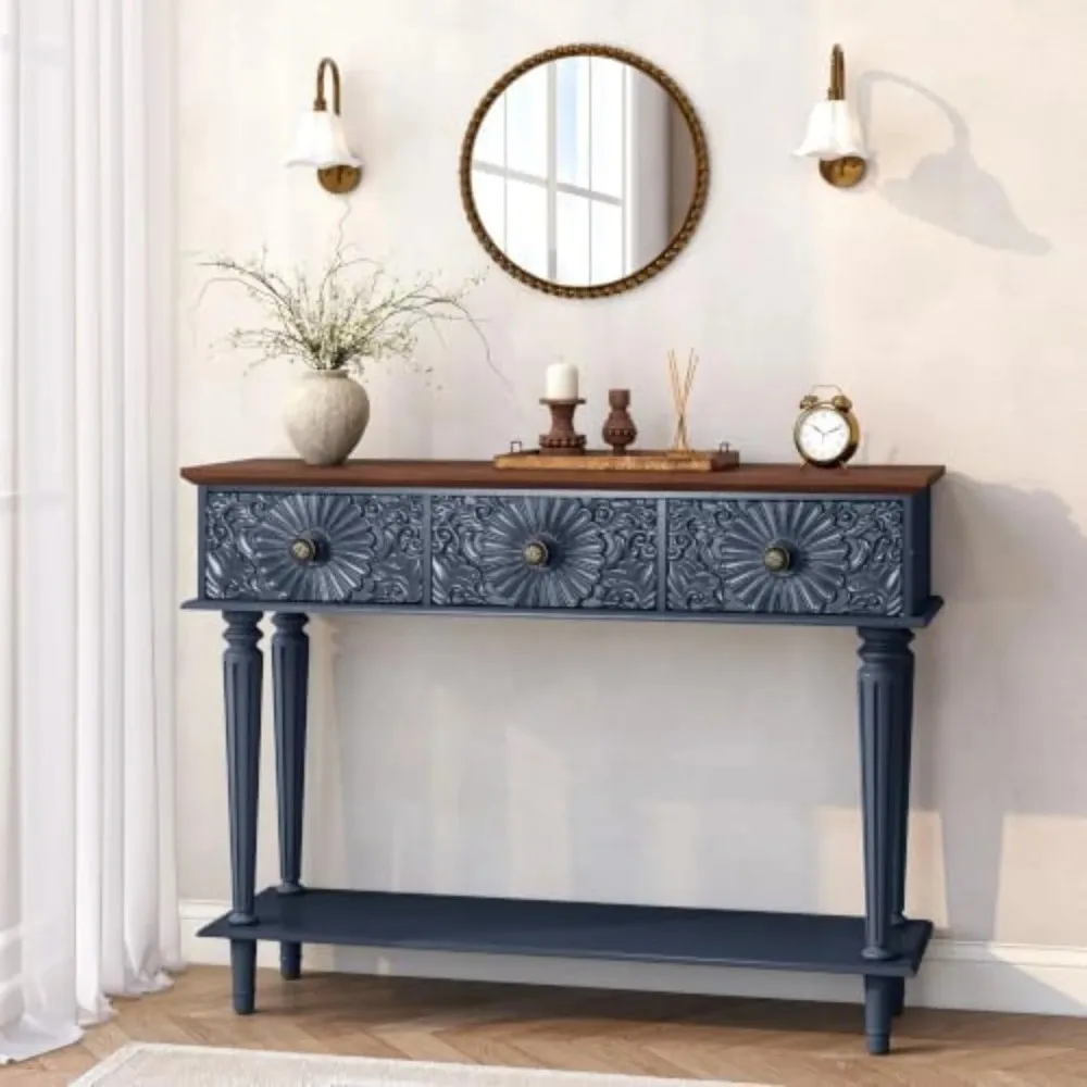 Vintage Blue 42" Console with 3 Embossed Floral Drawers