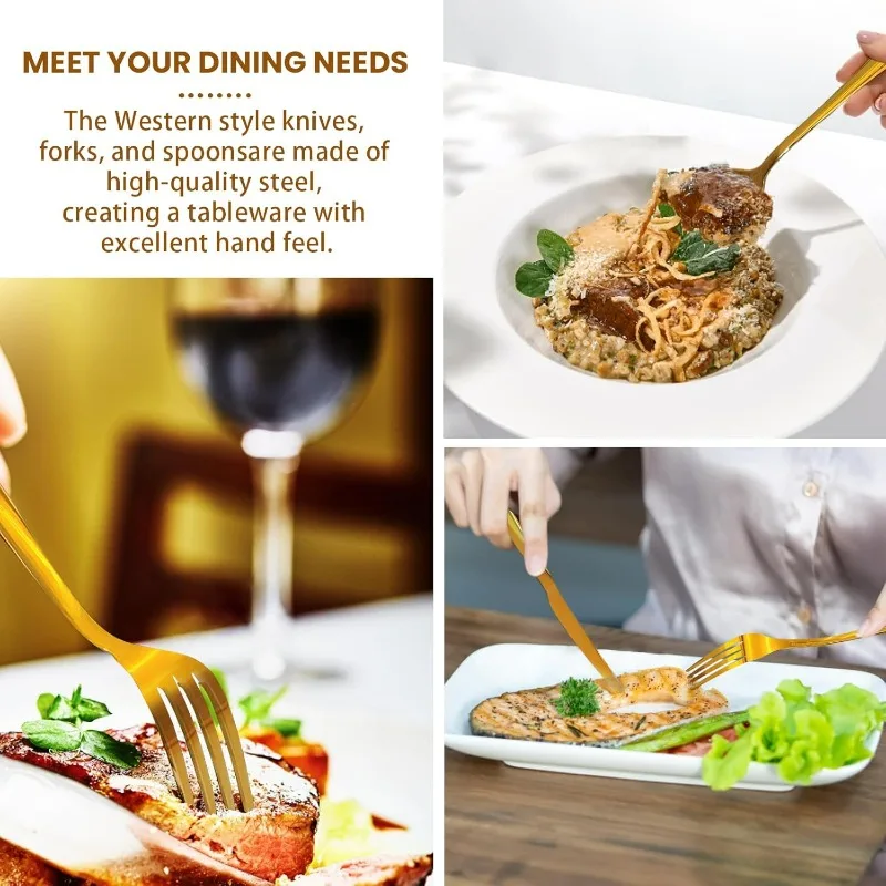 طقم أدوات فضية مكون من 24 قطعة باللون الأسود/الذهبي مع سكاكين وشوك وملاعق وأدوات مائدة، خدمة لـ 6 أشخاص، أطقم أدوات للمطبخ