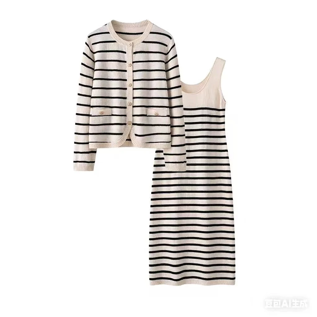 

Comfortable Full Grid~100% Pure Wool Cardigan Women's Coat Knitted Dress Autumn/Winter Warm Stripe Set