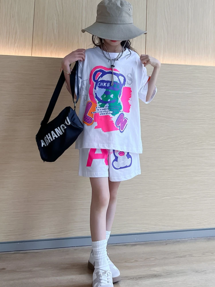 Summer Children Girls Clothes Cartoon Bearr Printed T-shirts and Shorts Suit Teenage Fashion Short Sleeve Top Bottom Outfits