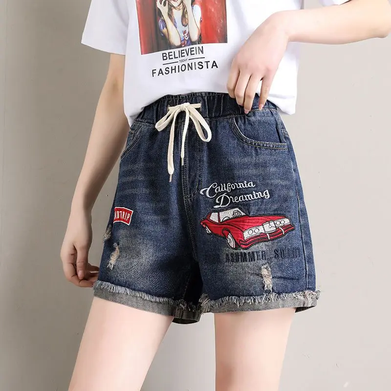 

Elastic Waist Women's Summer Loose High-waisted Distressed Embroidered Hot Pants Plus Size Casual Rolled-edge Denim Shorts