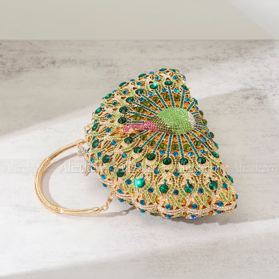 Alizekerr Gorgeous Peacock Crystal Evening Bags Women 2024 Sparkling Classy Half Round Diamond Purses And Handbags Wedding Party