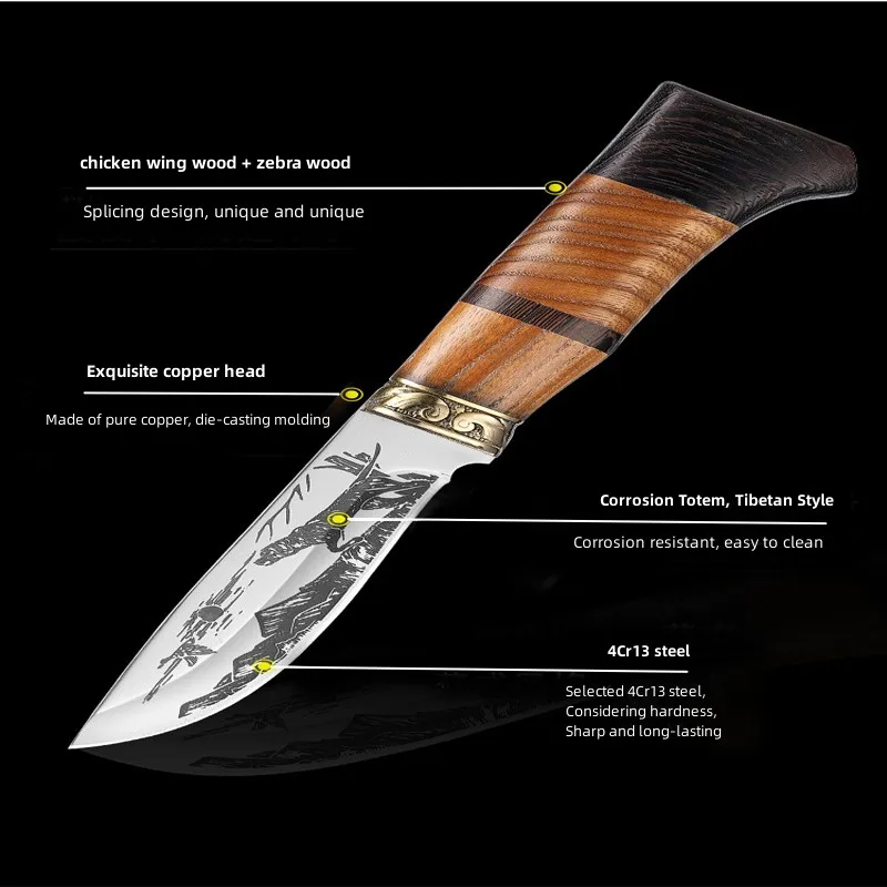 Beautifully Corroded Pattern Kitchen Knife Set  Double Solid Wood Splice Copper Head Handle High Hardness Steel cutting Knife